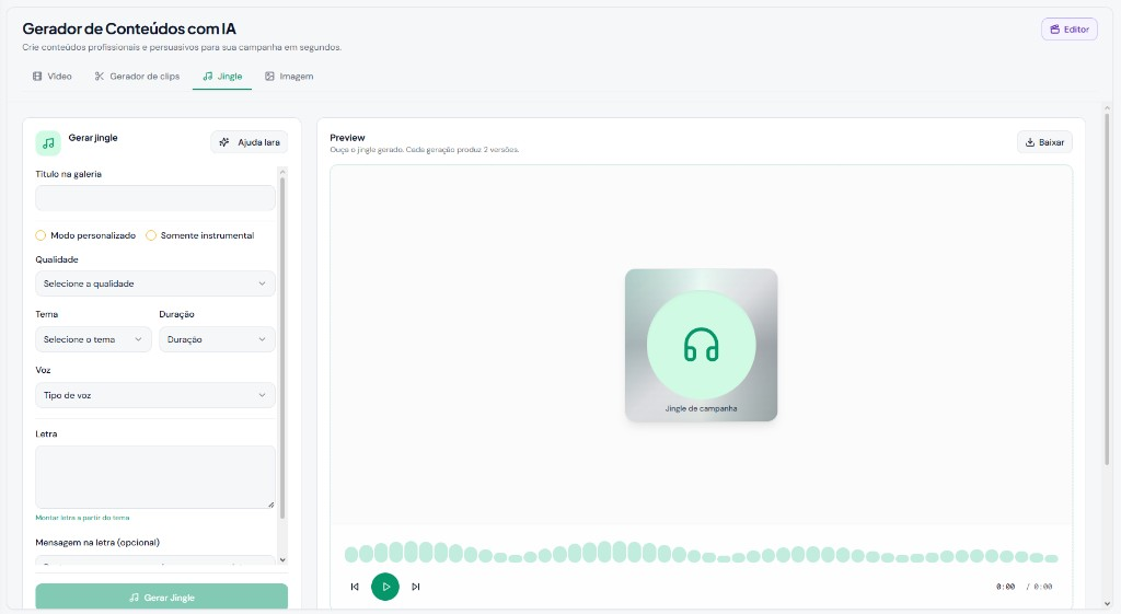 Gerador de Conteúdos com IA — jingles, vídeos e imagens para campanha